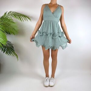 Y2K Style Pastel Green Coquette Ruffle Babydoll Cottagecore Mini Dress / Size: M